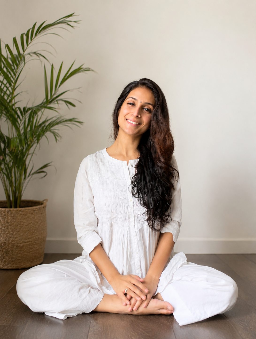 Shikha seated at home by a plant, smiling